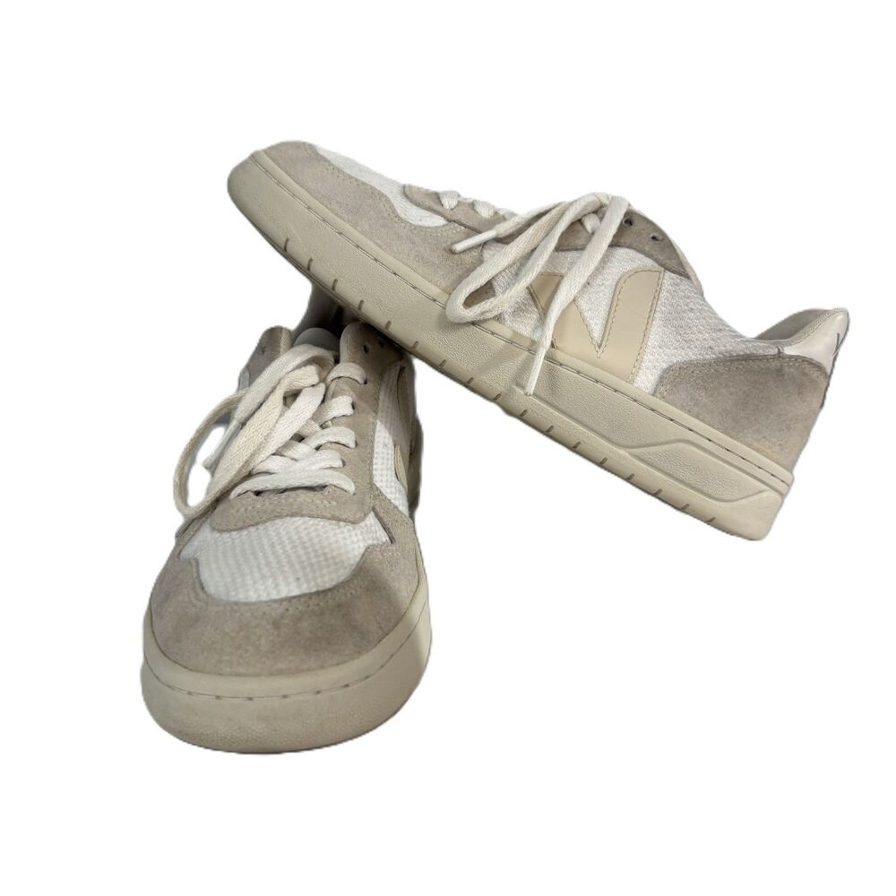 Veja Women V-10 Low-Top Sneakers Suede Leather Shoes White Grey Size 8
